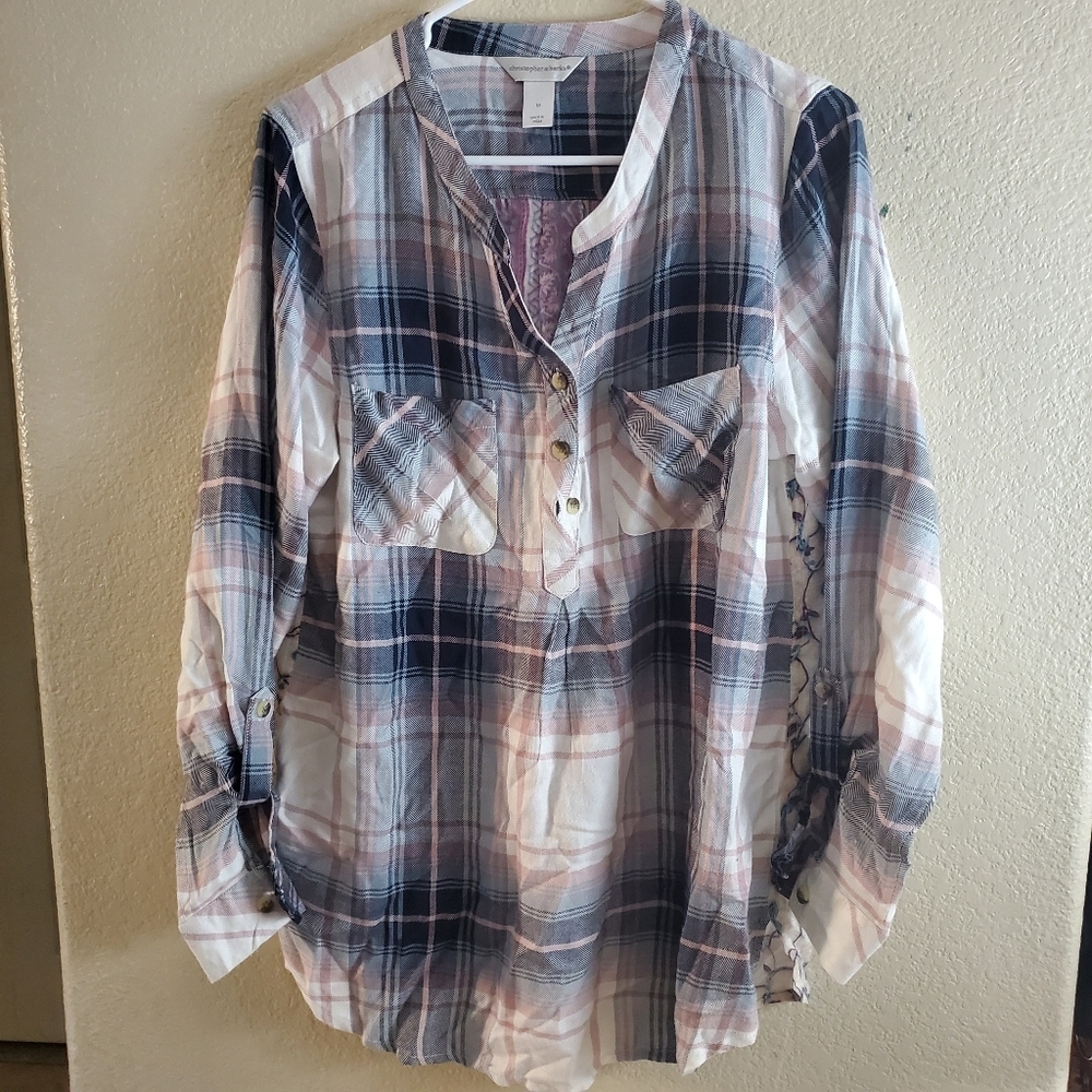 Christopher Banks Plaid Mixed Media Floral Shirt